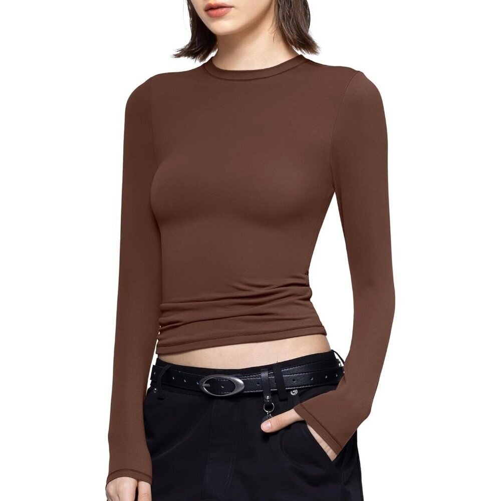 Women's Chocolate Long Sleeve T Shirts Crew Neck Slim Fit Sexy Collection